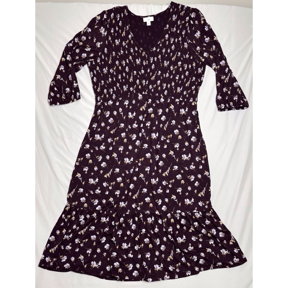 J Jill Tiered Flounced-Hem Midi Dress Purple Floral‎ Womens Size Large Petite